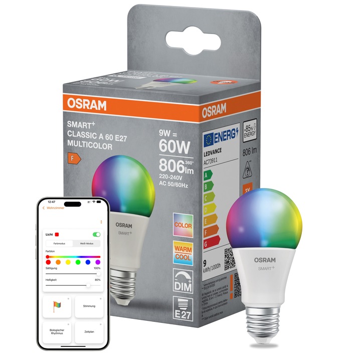 Bec inteligent LED RGBW OSRAM SMART+ MATTER, A60, E27, 9W (60W), 806 lm, dimabil, lumina alba si colorata, compatibil cu SMART+ App/Matter/Amazon Alexa/Google Assistant, conectare WiFi (2.4 GHz), clasa energetica F