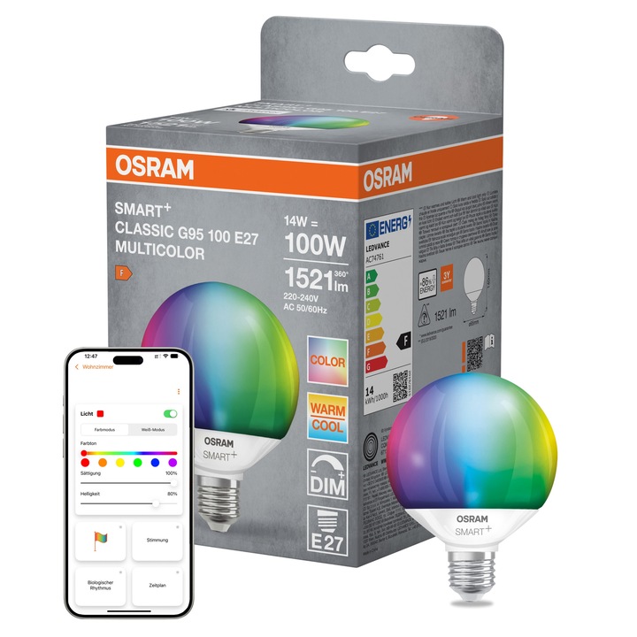 Bec inteligent LED RGBW OSRAM SMART+ MATTER, G95, E27, 14W (100W), 1521 lm, dimabil, lumina alba si colorata, compatibil cu SMART+ App/Matter/Amazon Alexa/Google Assistant, conectare WiFi (2.4 GHz), clasa energetica F