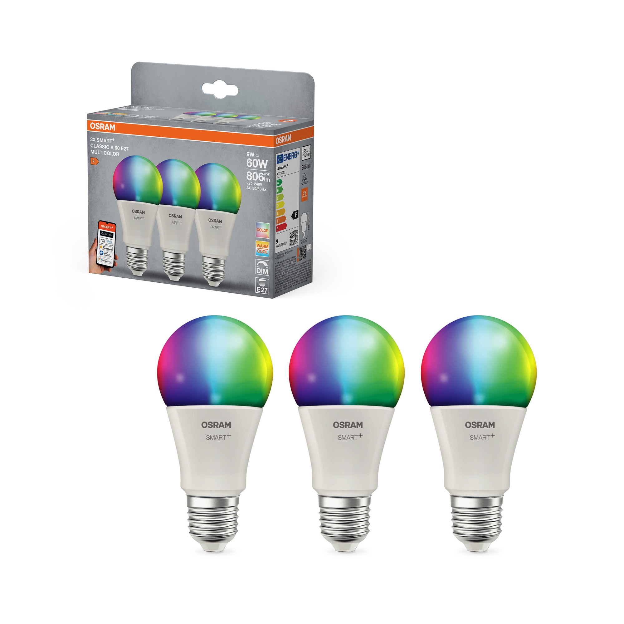 Pachet 3 becuri inteligente LED RGBW OSRAM SMART+ MATTER, A60, E27, 9W (60W), 806 lm, dimabil, lumina alba si colorata, compatibil SMART+ App/Matter/Amazon Alexa/Google Assistant,