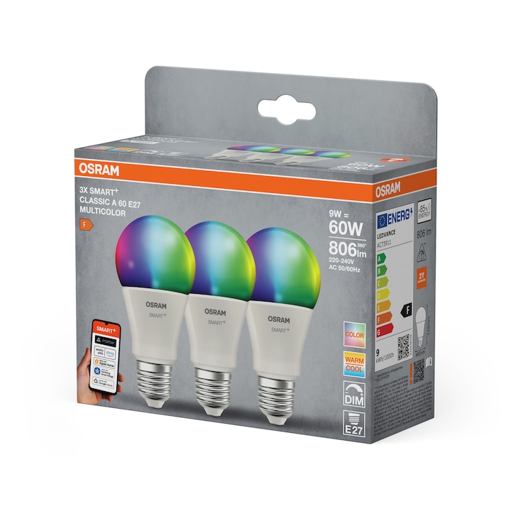 Pachet 3 becuri inteligente LED RGBW OSRAM SMART+ MATTER, A60, E27, 9W ...