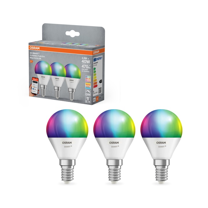 Pachet 3 becuri inteligente LED RGBW OSRAM SMART+ MATTER, P40, E14, 4.9W (40W), 470 lm, dimabil, lumina alba si colorata, compatibil SMART+ App/Matter/Amazon Alexa/Google Assistant, conectare WiFi (2.4 GHz), clasa energetica F