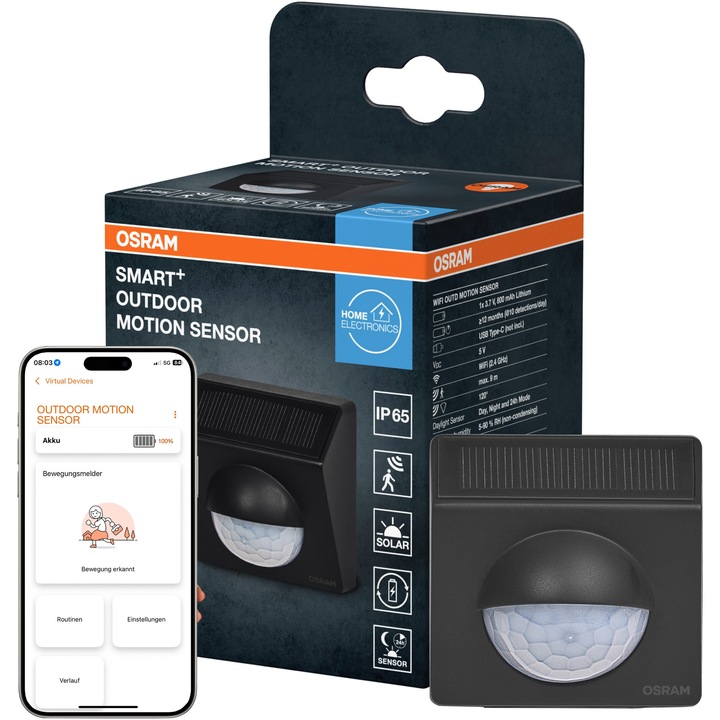 Senzor de miscare inteligent OSRAM SMART+ Wi Fi, IP65, cu incarcare solara, verificare nivel incarcare baterie in aplicatia SMART+, kit montaj si cablu incarcare incluse, compatibil cu SMART+ App/Google Home, conectare WiFi (2.4 GHz), culoare Gri Inchis
