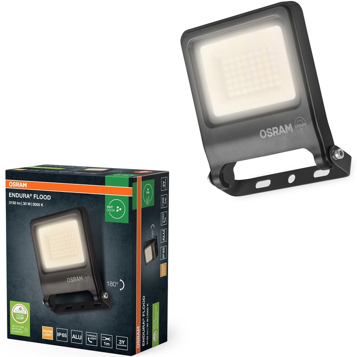 Proiector de exterior LED OSRAM 30W, 3000 lm, lumina calda (3000K), IP65, IK06, Aluminiu, Negru, clasa energetica F