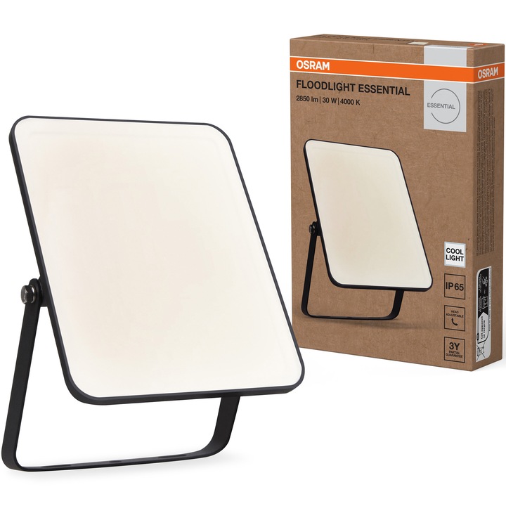Proiector LED OSRAM Essential, 30W, 2850 lm, lumina neutra (4000K), IP65, Negru, clasa energetica F