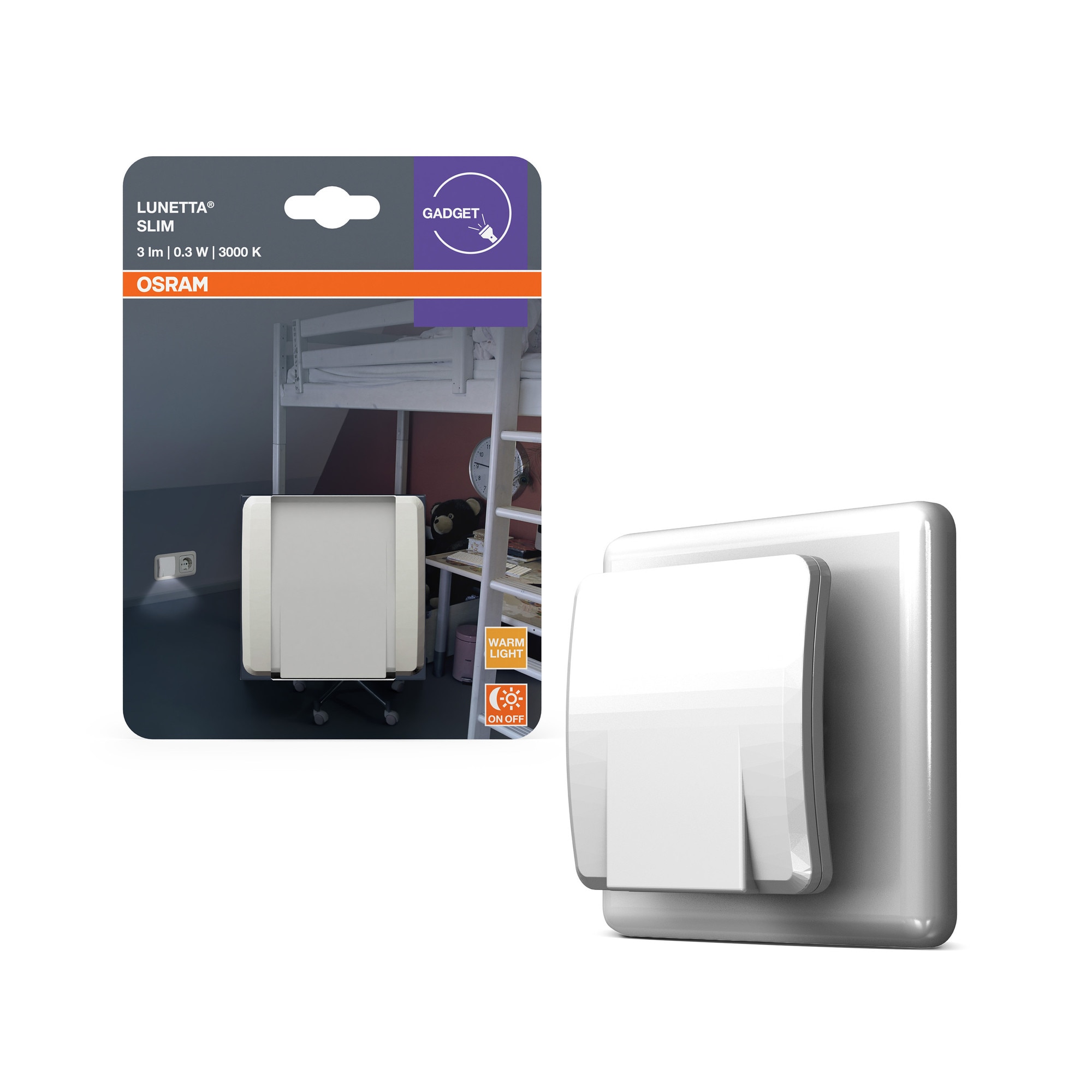 Lampa de veghe LED OSRAM Lunetta Slim, cu senzor zi-noapte, 0.3W, 3 lm, lumina calda (3000K), 220-240V, Alb