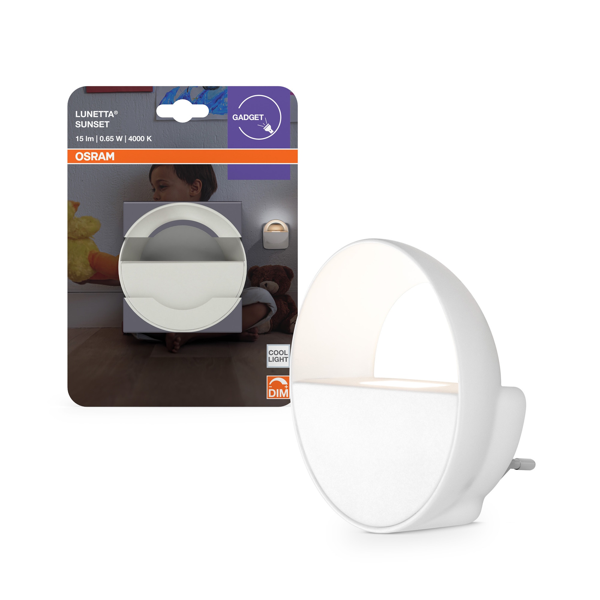 Lampa de veghe LED OSRAM Lunetta Sunset, dimabila, 0.65W, 15 lm, lumina neutra (4000K), 220-240V, IP20, Alb