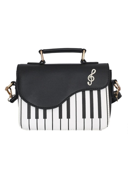 Geanta dama crossbody AMRTI® din piele PU, design elegant model pian cu note muzicale, maner superior si bareta reglabila, neagra, 20 x 15 x 8 cm, casual si evenimente