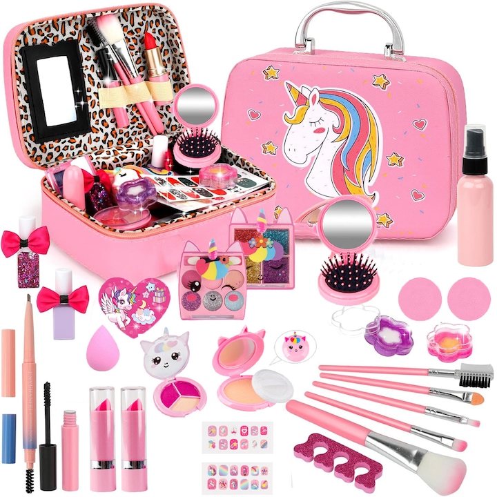 Комплект за грим за деца, YOUKUKE, с 27 елемента за грим, червила, сенки за очи, лак за нокти, еднорог, чанта с дръжка за носене, за момичета на 3, 4, 5, 6, 7, 8, 9 години, коледни подаръци