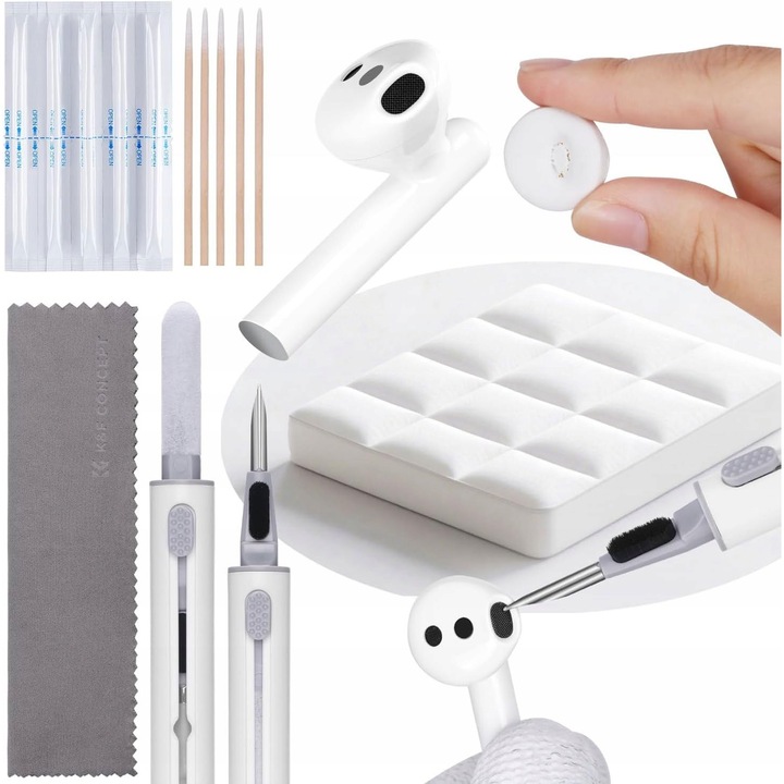 Kit de curatare, kf, KF08.067, 5-in-1, multifunctional, pentru casti, pentru electronice, Multicolor, 1x instrument de curatare 3-in-1, 5x betisoare de curatare, 5x betisoare din lemn, 1x cub de curatare, 1x laveta din microfibra, plastic ABS, metal