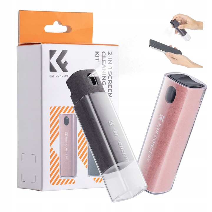 Kit de curatare ecran, kf, KF08.077, 2x10ml, spray microfibra, fara alcool, non-toxic, compact, portabil, multicolor, 2x lichid cu atomizor si laveta microfibra integrata, material ABS + microfibra, nu zgarie suprafata, reutilizabil, ideal pentru toate