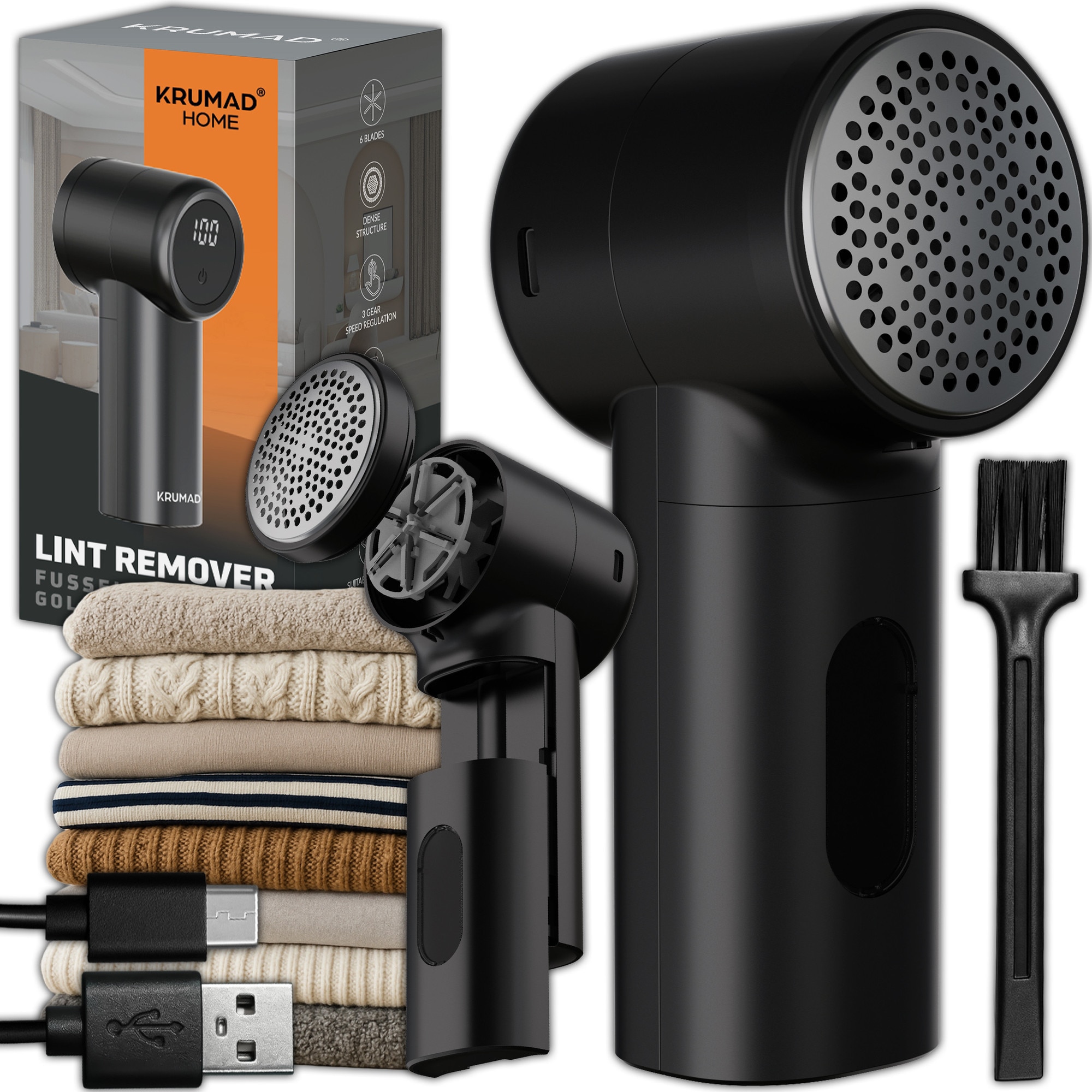 KRUMAD Aparat de curatat scame electric cu afisaj LED – 6 lame din otel inoxidabil, 3 viteze, reincarcabil USB-C, baterie 1200 mAh – dispozitiv portabil pentru haine, tesaturi si mobilier