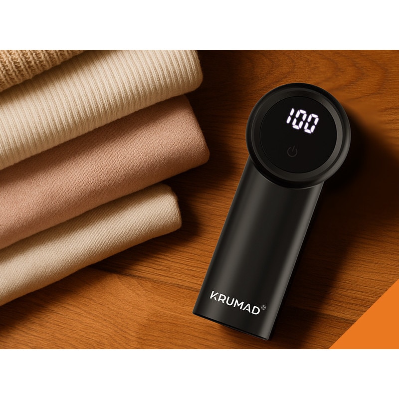 KRUMAD Aparat de curatat scame electric cu afisaj LED – 6 lame din otel inoxidabil, 3 viteze, reincarcabil USB-C, baterie 1200 mAh – dispozitiv portabil pentru haine, tesaturi si mobilier