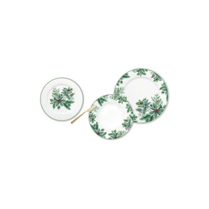 Fehér-zöld porcelán tányérkészlet, 18 darabos, karácsonyi téma, 27x27x2cm Dkd Home Decor