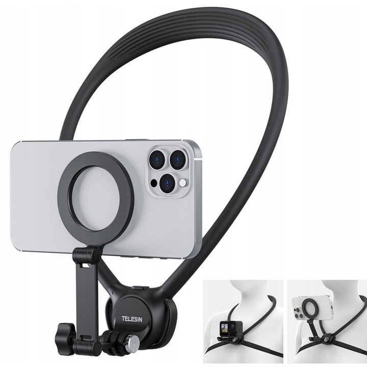 Suport de gat, telesin, p2-hnb-02, reglabil, magnetic, pentru camere sport, pentru telefoane, flexibil, rotatie 360°, set de 7 elemente, silicon, aluminiu, ABS + PC, constructie usoara, absorbtie a socurilor, purtare confortabila, curea de piept