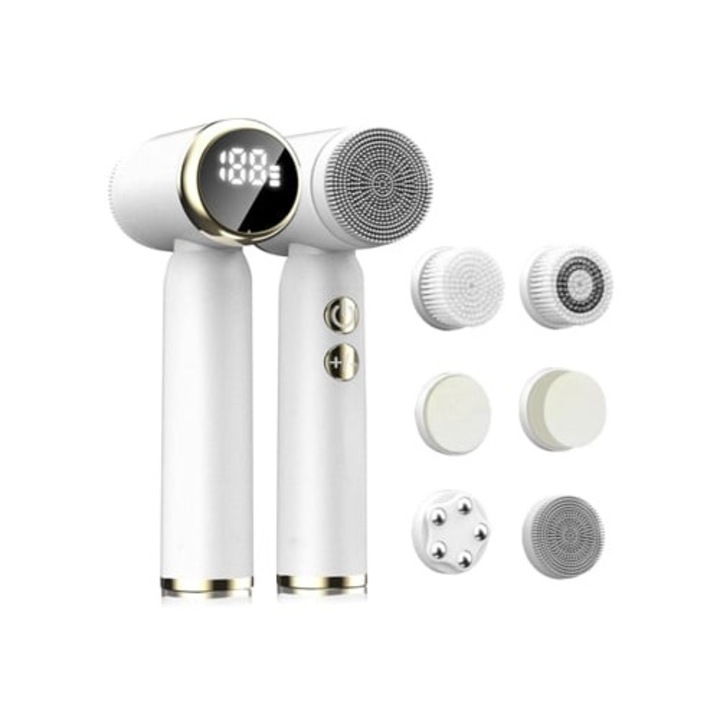 Perie de curatare faciala electrica rotativa cu 3 capete exfoliante, 3 viteze, display LCD