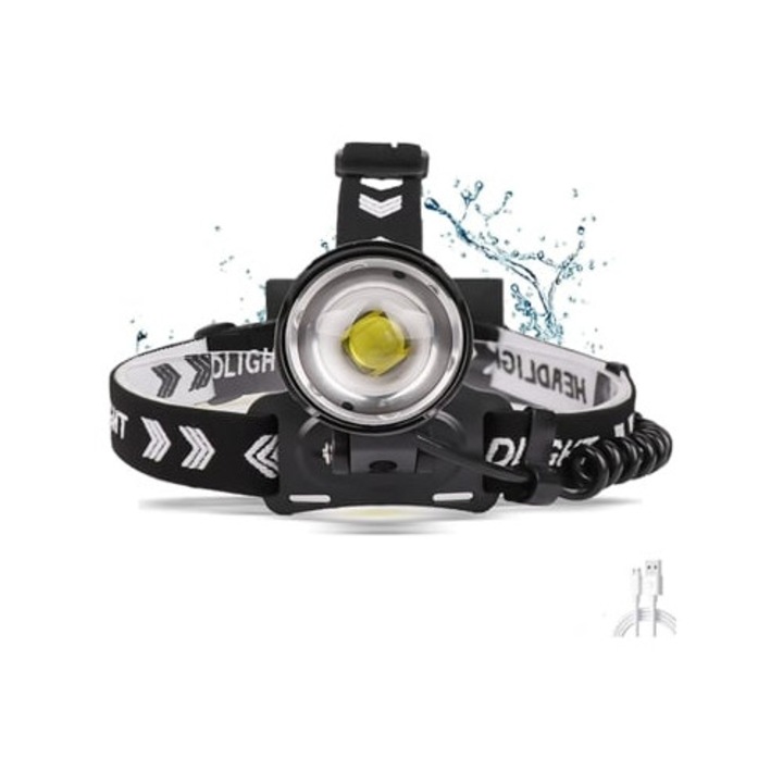 Lanterna LED reincarcabila USB XHP90, 15.000 lumeni, 3 moduri, zoom, negru