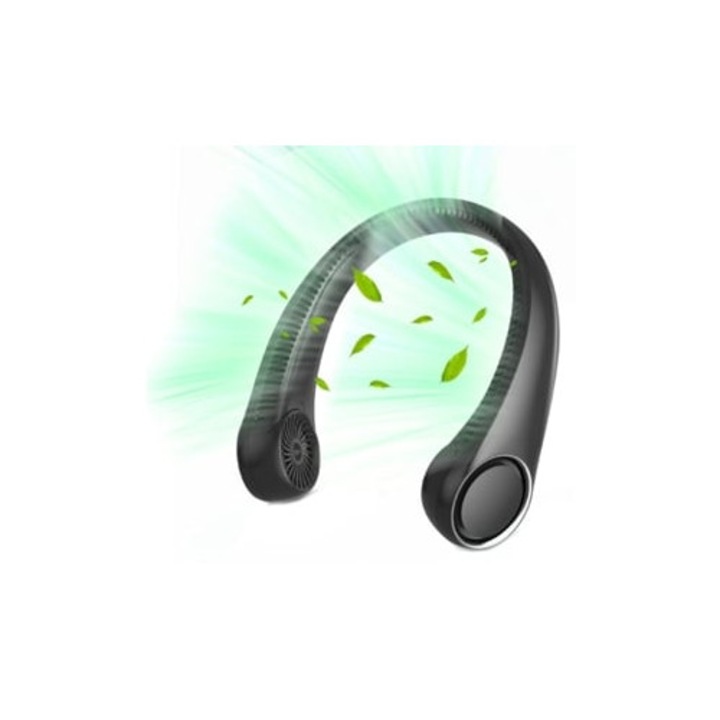 Hordozható nyakventilátor lapátok nélkül, 4000mAh, USB újratölthető, 3 sebességfokozat, fekete