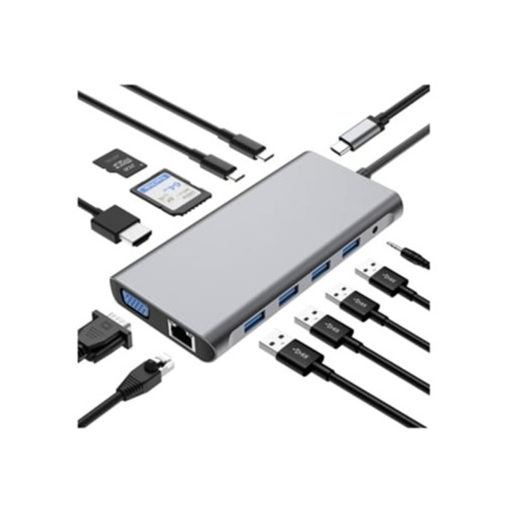 12 az 1-ben USB C elosztó 4K HDMI-vel, VGA-val, 3 USB 2.0-val, USB 3.0-val, RJ45-tel, SD/TF-fel, 3,5 mm-es csatlakozóval