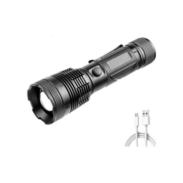 Фенер Xhp160, 4 ядра, USB презареждащ се, с увеличение, черен