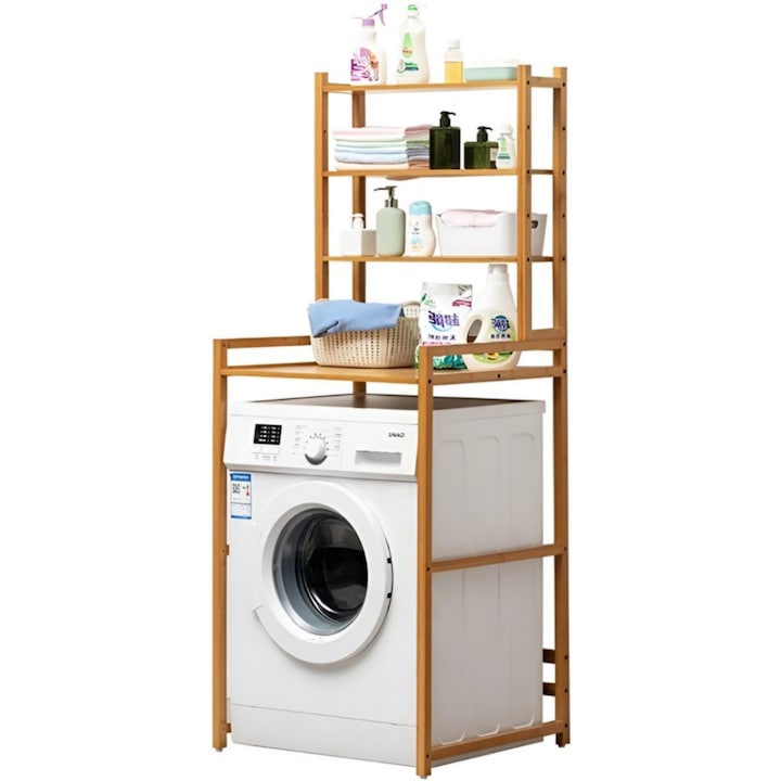 Raft pentru masina de spalat DacEnergy©, fabricat din bambus si MDF, 4 rafturi, 66 x 55 x 165 cm, finisaj natur
