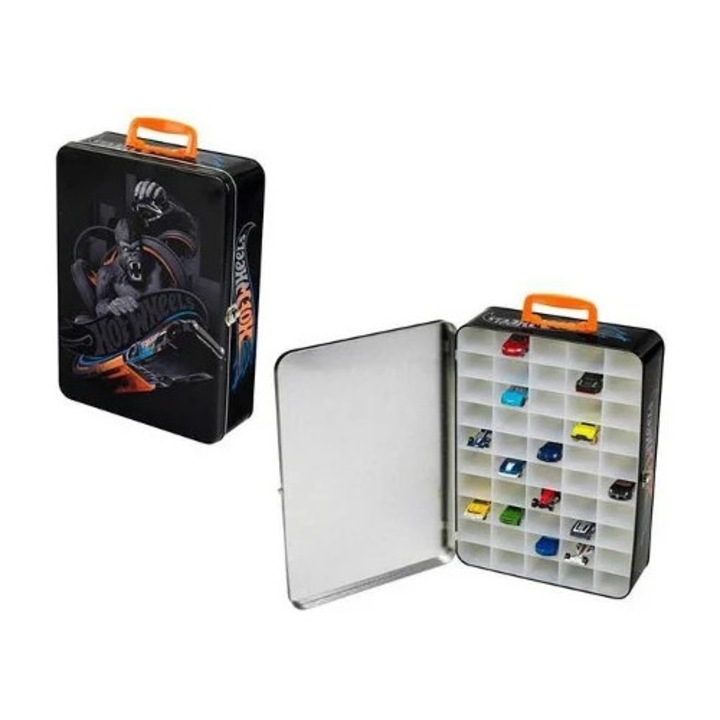 Cutie metalica pentru masinute Hot Wheels, capacitate 50 masini, varsta minima 3 ani