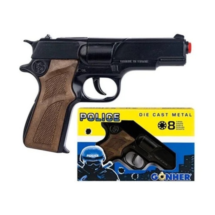 Пистолет играчка GONHER, изстрелва 8 патрона, черен, препоръчителна възраст 4 години