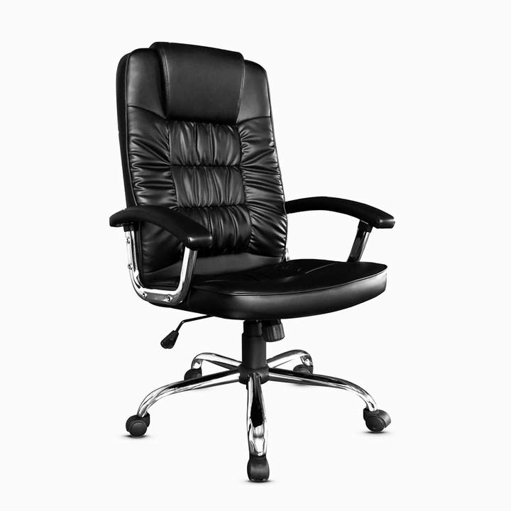 Scaun de birou ergonomic Kiwari® Nobu, spatar inalt, mecanism inclinabil cu reglaj pe gaz, rotatie 360°, brate fixe PP rezistente, baza cromata stabila, roti nylon silentioase, tapiterie PU+PVC neteda si usor de curatat, suporta 136 kg, Ne