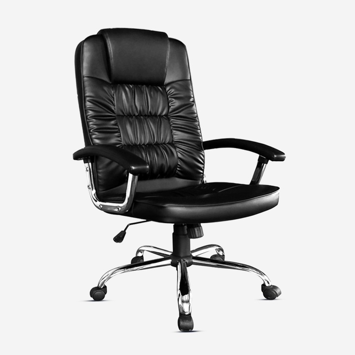 Офис стол Kiwari Nobu, Висока облегалка, Накланящ механизъм с газов регулатор, Въртене на 360°, Фиксирани PP подлакътници, Стабилна хромирана основа, Найлонови колелца, PU+PVC тапицерия, Издържа до 136 кг, Черен