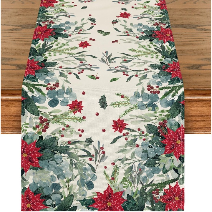 Karácsonyi asztali futó, Karácsonyi virág mintás, 40x180cm, Poliészter, Mosható, Ideális karácsonyra és a téli ünnepekre, Piros/Zöld