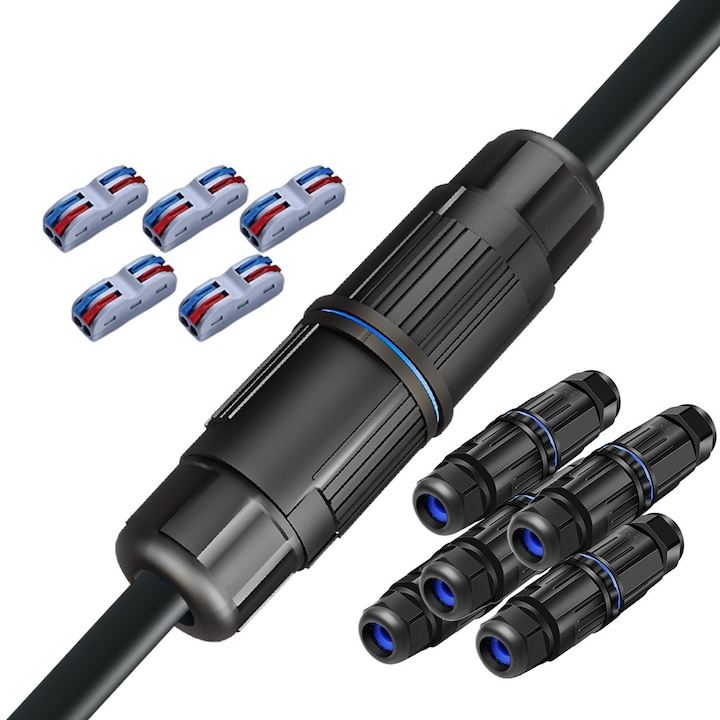 Set 5 Conectori Cablu Electric, AHA PRINT®, Conector Rapid 2 Pini Inclus, IP68, Etansare Stransa, -40°C - 95°C, Izolant si Ignifug, pentru Exterior, Protectie Temperatura, Rezistent la Apa, Mufa SPL, Grosime Maxima Cablu 11.5 mm, Minima 2 x 0.5 mm, Negru