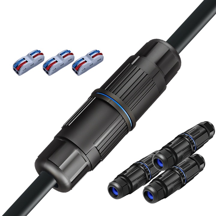 Set 3 Conectori Cablu Electric, AHA PRINT®, Conector Rapid 2 Pini Inclus, IP68, Etansare Stransa, -40°C - 95°C, Izolant si Ignifug, pentru Exterior, Protectie Temperatura, Rezistent la Apa, Mufa SPL, Grosime Maxima Cablu 11.5 mm, Minima 2 x 0.5 mm, Negru