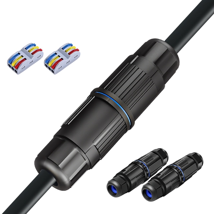 Set 2 Conectori Cablu Electric, AHA PRINT®, Conector Rapid 3 Pini Inclus, IP68, Etansare Stransa, -40°C - 95°C, Izolant si Ignifug, pentru Exterior, Protectie Temperatura, Rezistent la Apa, Mufa SPL, Grosime Maxima Cablu 11.5 mm, Minima 2 x 0.5 mm, Negru