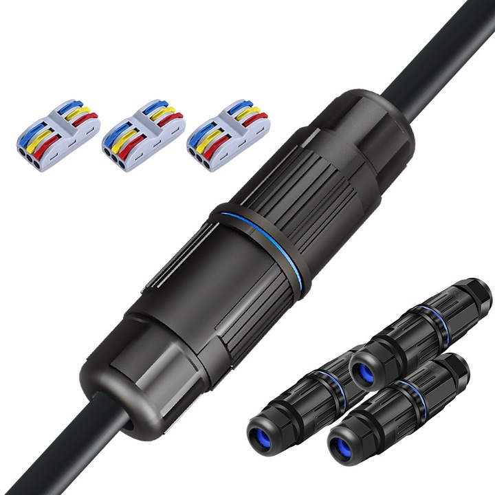 Set 3 Conectori Cablu Electric, AHA PRINT®, Conector Rapid 3 Pini Inclus, IP68, Etansare Stransa, -40°C - 95°C, Izolant si Ignifug, pentru Exterior, Protectie Temperatura, Rezistent la Apa, Mufa SPL, Grosime Maxima Cablu 11.5 mm, Minima 2 x 0.5 mm, Negru