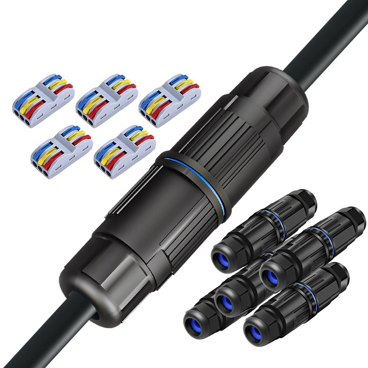 Set 5 Conectori Cablu Electric, AHA PRINT®, Conector Rapid 3 Pini Inclus, IP68, Etansare Stransa, -40°C - 95°C, Izolant si Ignifug, pentru Exterior, Protectie Temperatura, Rezistent la Apa, Mufa SPL, Grosime Maxima Cablu 11.5 mm, Minima 2 x 0.5 mm, Negru