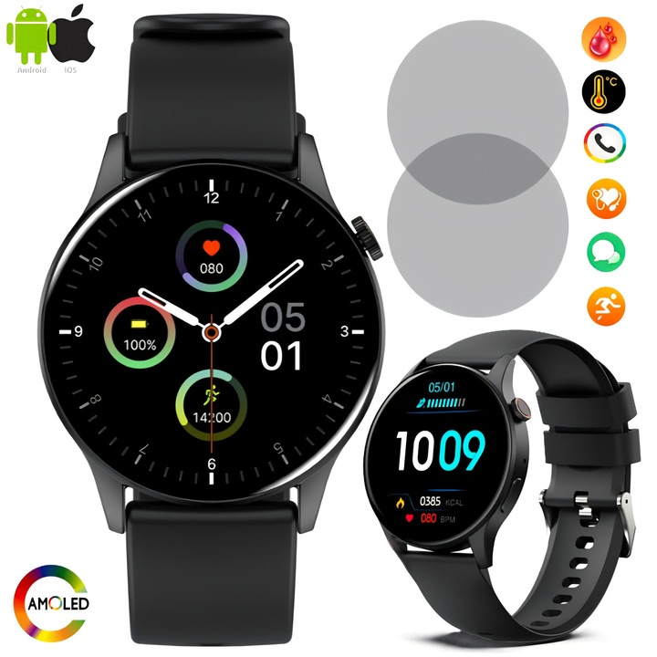 Смарт часовник ZENARK® Y8 S, 1.43 инча AMOLED екран, Ultra HD 4K 466x466 резолюция, функция за кръвна захар, сън, сърдечен ритъм, кръвно налягане, MET, SpO2, HRV/HRV, дишане, налягане, известия/обаждания, водоустойчив IP68, Bluetooth, черен