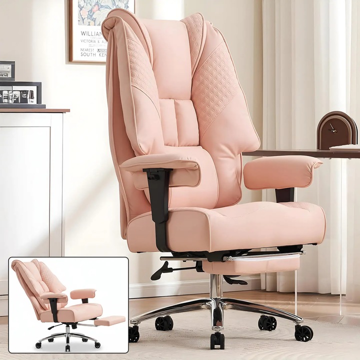 Офис стол Elindor® Ергономичен, Модерен дизайн, Стол с облегалка и подлакътници, от PU кожа с поставка за крака и колелца, Ширина на седалката 58 см, Височина между 48-56 см, Розов