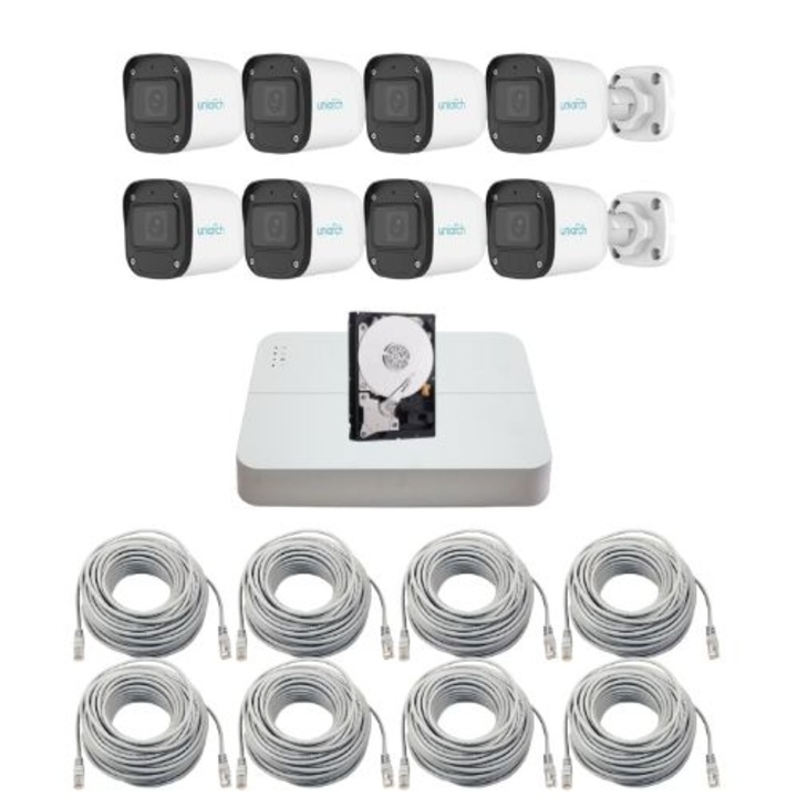 Teljes Uniarch IP megfigyelőrendszer, 8 kamera 2MP Full HD, Mikrofon, IR 30m, Kültéri, Mobil nézet, NVR 8 csatornás, Szerelési tartozékok