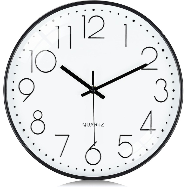 Ceasuri de perete Modern, Silentios, Analogic, Rotunda, Afisare cu cifre arabe, Miscare ultra-usoara Quartz, Pentru birou Clasa de clasa Scoala Acasa Camera de zi Dormitor Bucatarie, Diametru 30 cm, Alb si negru