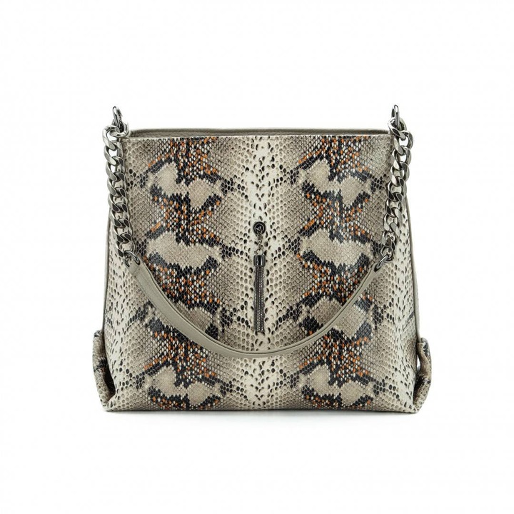 Geanta de umar Zea din piele naturala grej tip sarpe, 30x8x25cm, cu bareta detasabila si ciucure metalic