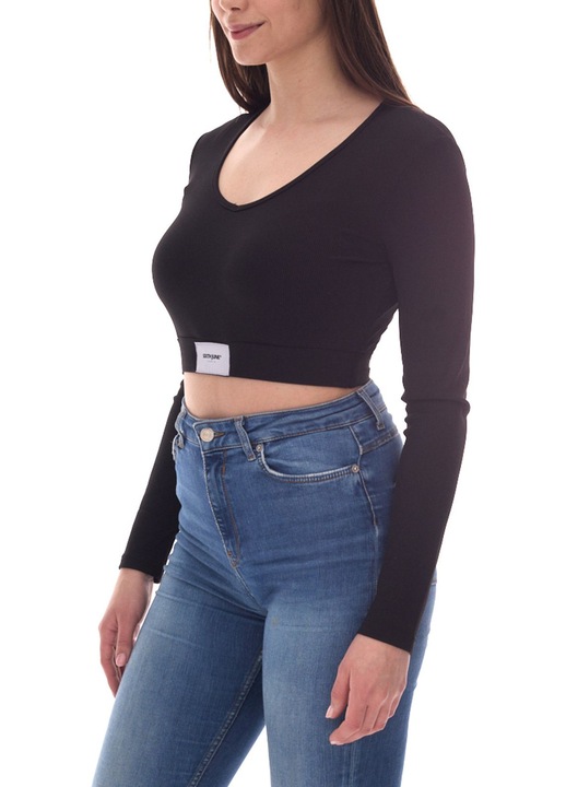Sixth June női crop top – V-nyakú, hosszú ujjú felső gumiszalaggal és címkés folttal (fekete) M-es méret