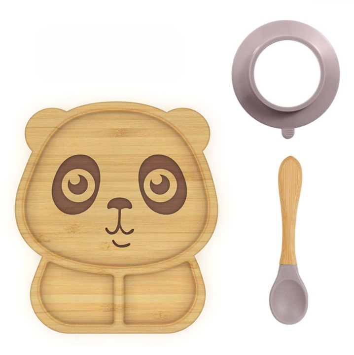 Set de vesela pentru copii din bambus, farfurie compartimentata cu ventuza si lingurita pentru mancare suplimentara AleFla Eshop