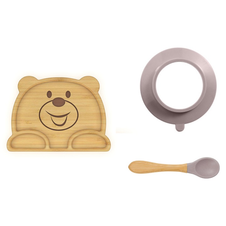 Set de vesela pentru copii din bambus, farfurie compartimentata cu ventuza si lingurita pentru mancare AleFla Eshop