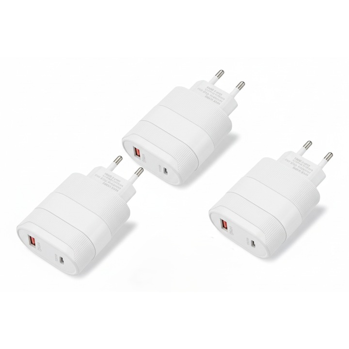 Incarcator european dual USB (pachet de 3, alb), Incarcare rapida inteligenta, Certificat CE, Potrivit pentru calatorii si utilizare la birou