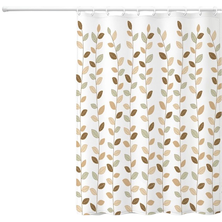Водоустойчива полиестерна завеса за душ, която ефективно разделя мокрите от сухите зони, с 12 халки за закачане, модел с листа, бяло/кафяво, 180 x 180 см, машинно пране