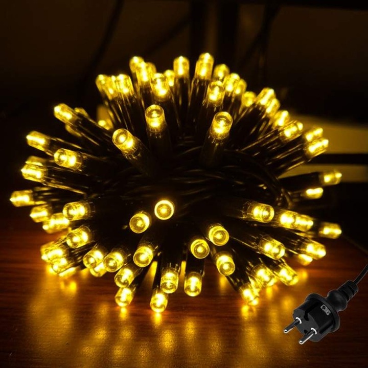 Instalatie De Craciun Liniara De Exterior SIKS, 10 Metri, 100 Led-uri Mari 8mm, Fir Gros Negru, Protectie Apa, IP44, Cu 1 Joc De Lumini, Pentru Casa, Gard, Foisor, Pomi, 220V, Alb Cald