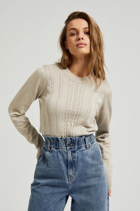 Pulover bej cu maneci lungi si decolteu rotund, Bej