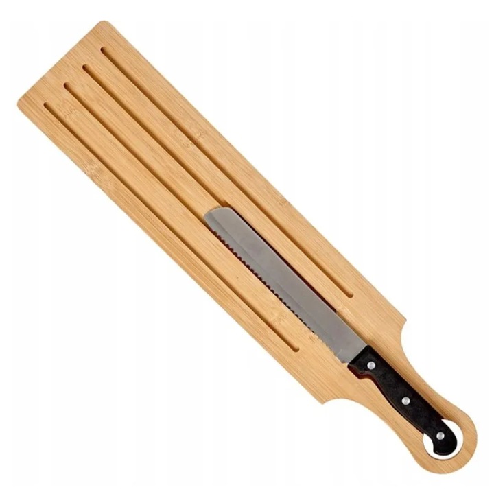 Set platou pentru servire, din lemn de bambus, 10.5x49.5 cm si cutit, 28 cm, Ideal pentru branzeturi