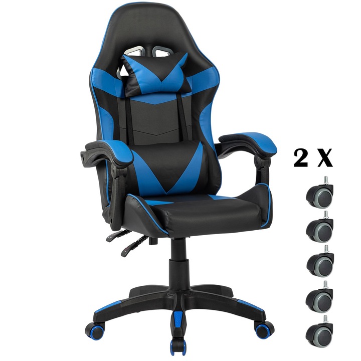 Геймърски стол KD Home ShadowStrike X1, ергономичен, 2 комплекта колелца включени, от еко кожа, лумбална опора, възглавница за глава, облегалка с наклон 165°, до 140 кг, механизъм Tilt, черен