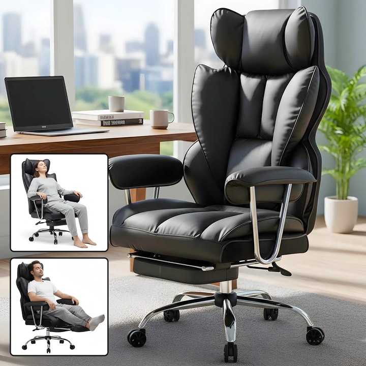 Scaun de Birou Elindor® Ergonomic, Design Contemporan, Scaun cu Spatar si Manere, din Piele PU cu Suport pentru Picioare si Lombar, cu Roti, 52 x 60 x 127 cm, Negru