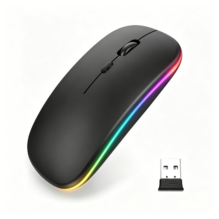 Mouse Wireless MTEVOTX®, Reincarcabil Silentios, Dual-Mode 2.4G + Bluetooth 5.2, 500mAh, DPI Reglabil 800/1200/1600, Design Ergonomic cu LED RGB, Compatibil Windows/Mac/iOS, Negru